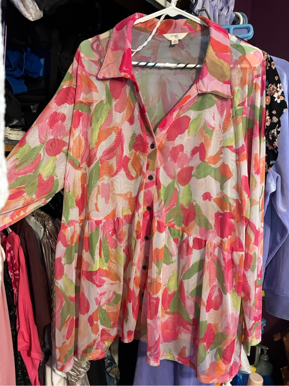 Terra & Sky Coral Floral Button-Front Tunic